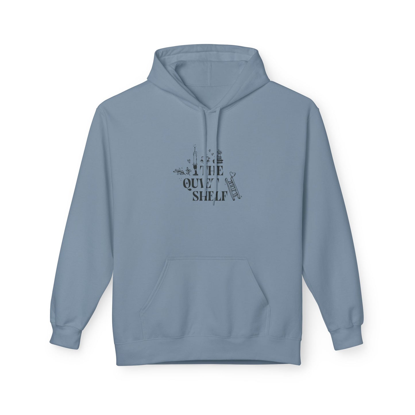 A blue hoodie with 'The Quiet Shelf' bookstack logo printed in black on the front.