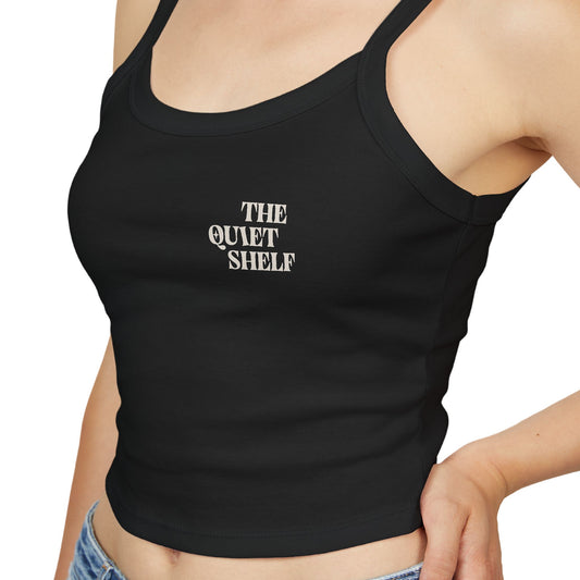 Black tank top with 'THE QUIET SHELF' text on a white background