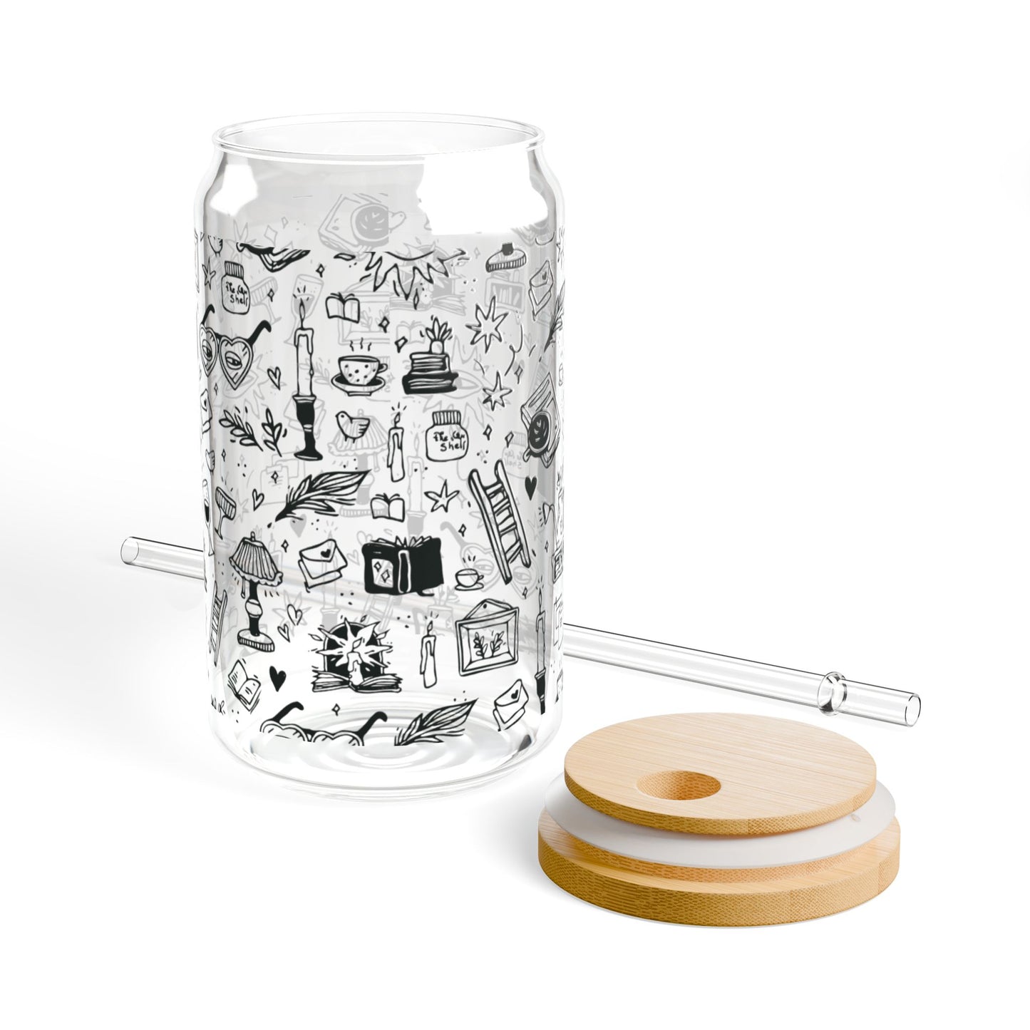 Glass drink container with black line art illustrations, wooden coasters, and straws on a white background