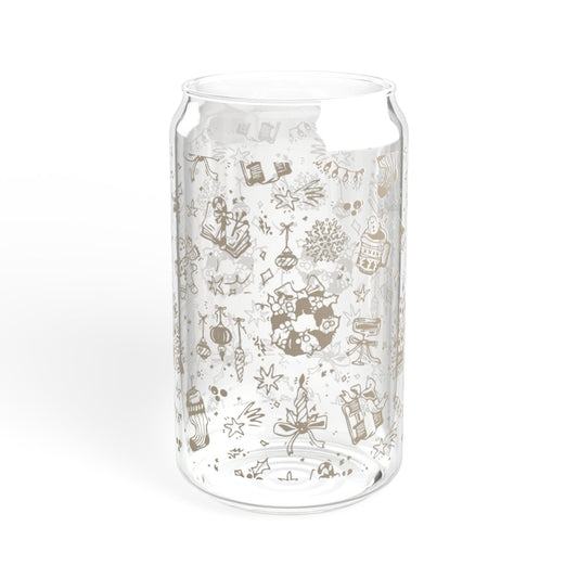 Clear glass vase with decorative patterns on a white background