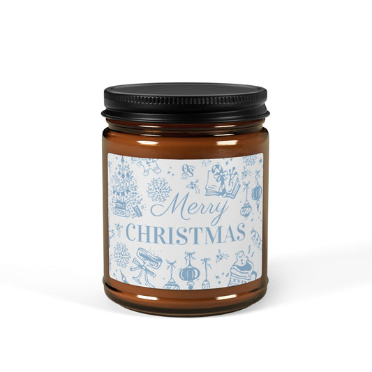 Candle jar with a 'Merry Christmas' label on a white background