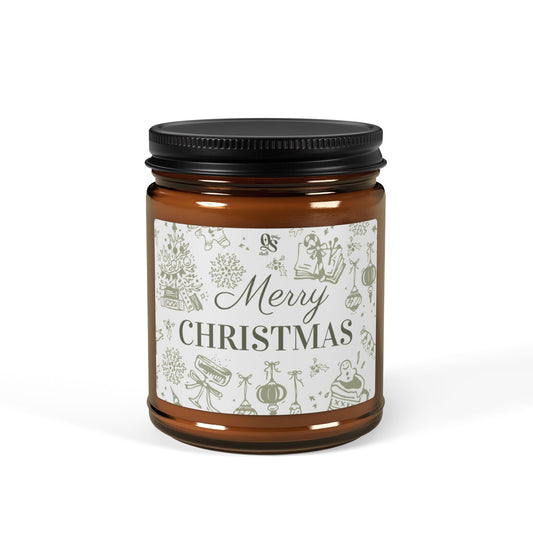 Candle jar with a 'Merry Christmas' label on a white background