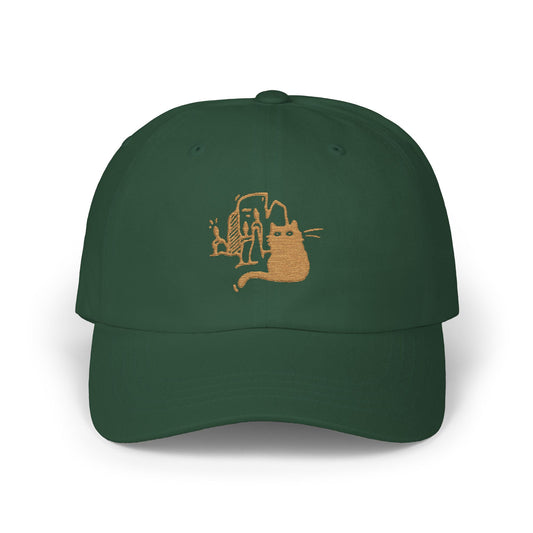Green cap with a cat and candles design on a white background
