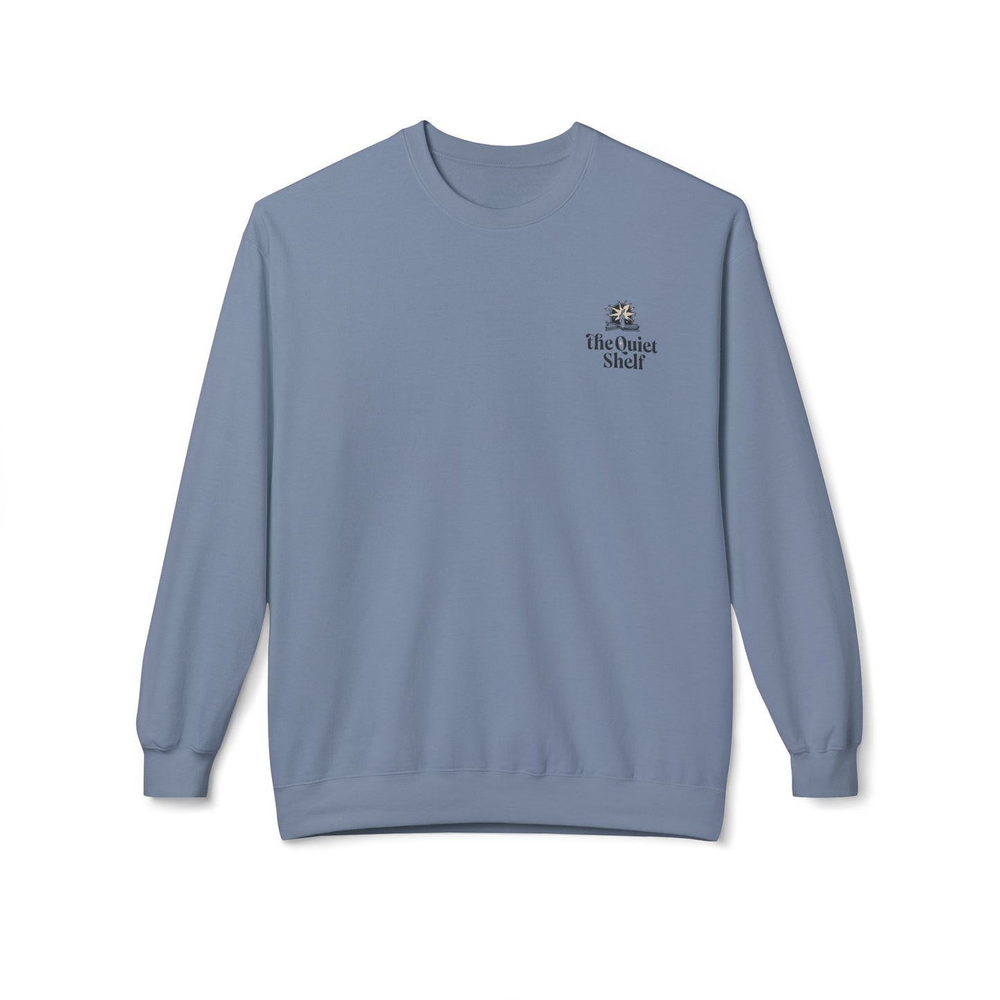A blue crewneck sweatshirt with 'The Quiet Shelf' logo on the upper left front.