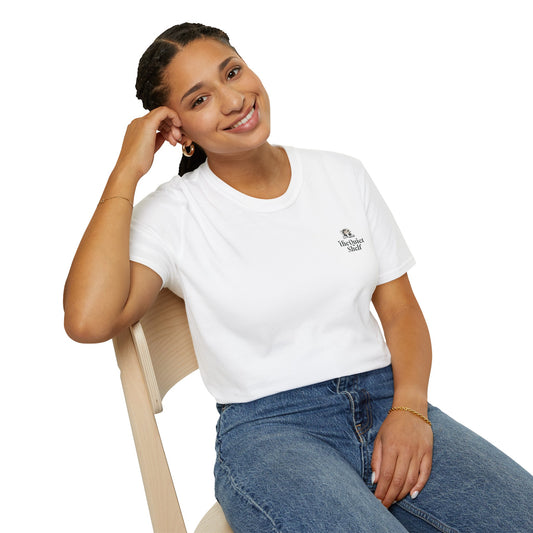 Woman wearing a white t-shirt with a logo, sitting on a chair against a white background