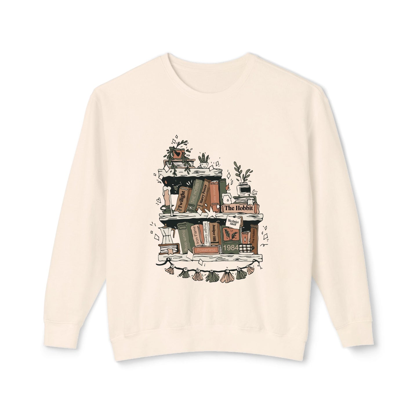 Beige sweatshirt with a graphic of books and plants on a white background