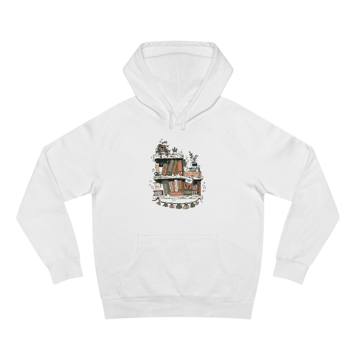 White hoodie with a graphic design on a white background