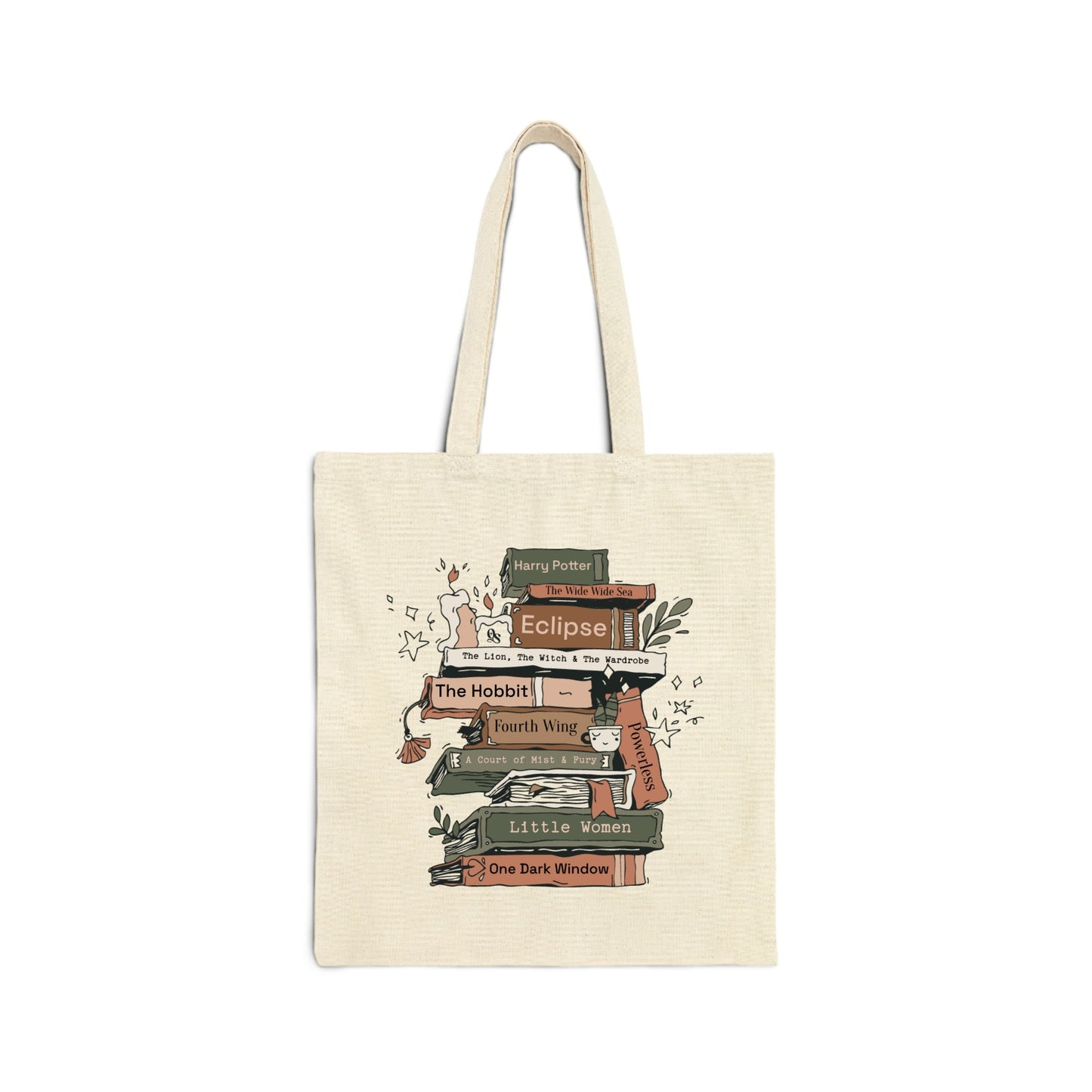 Tote bag with book stack design on a white background