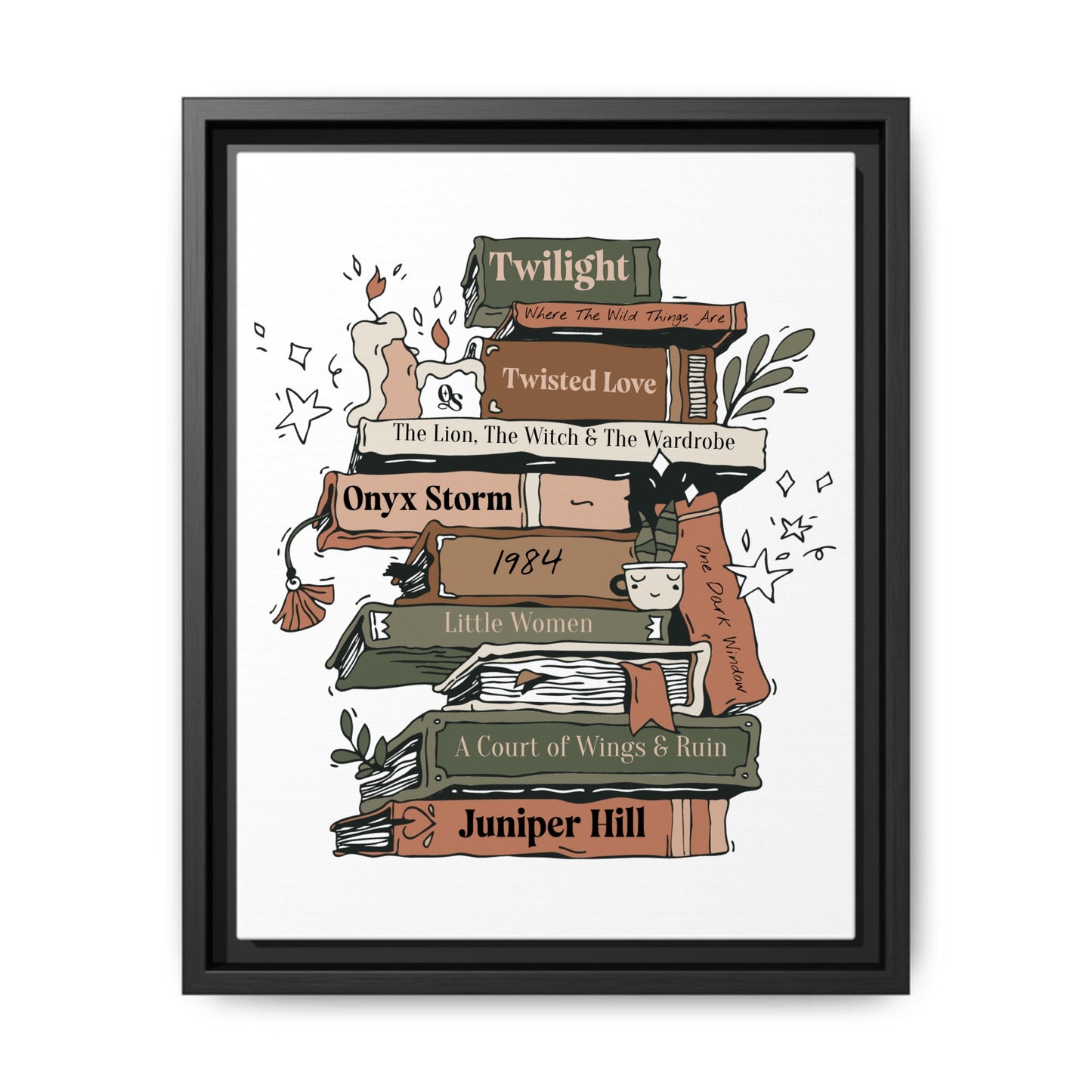 Framed artwork of stylized book spines with titles and authors on a white background