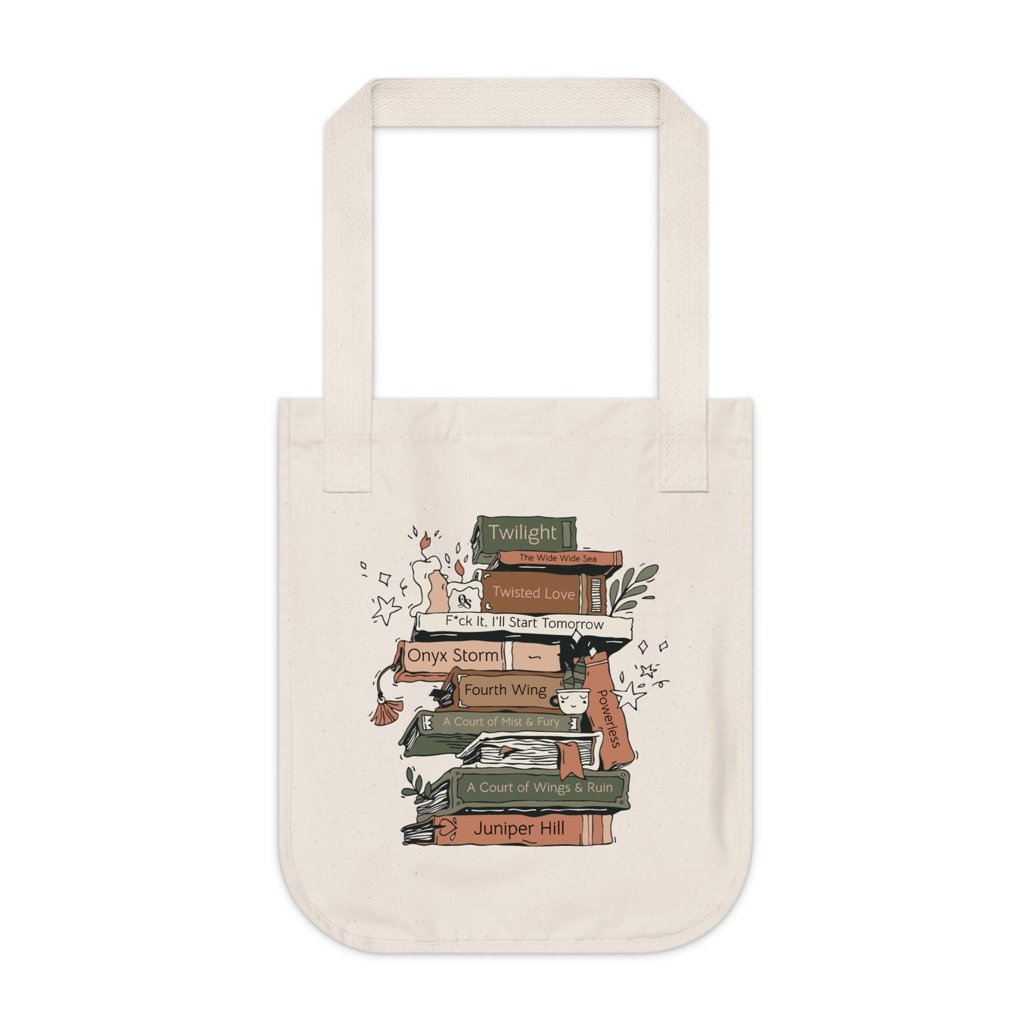 Tote bag with book design and text on a white background