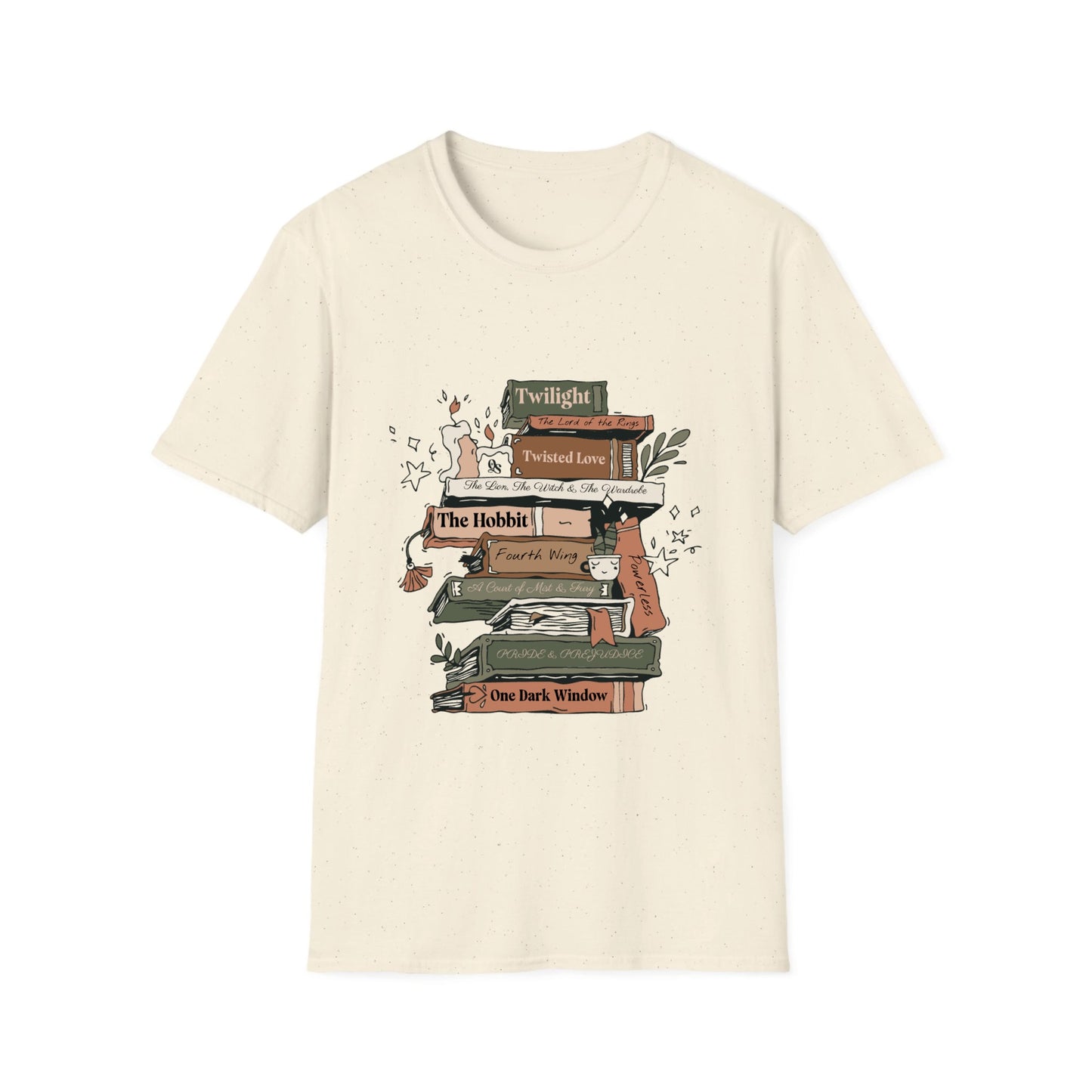 Beige t-shirt with book graphic design on a white background