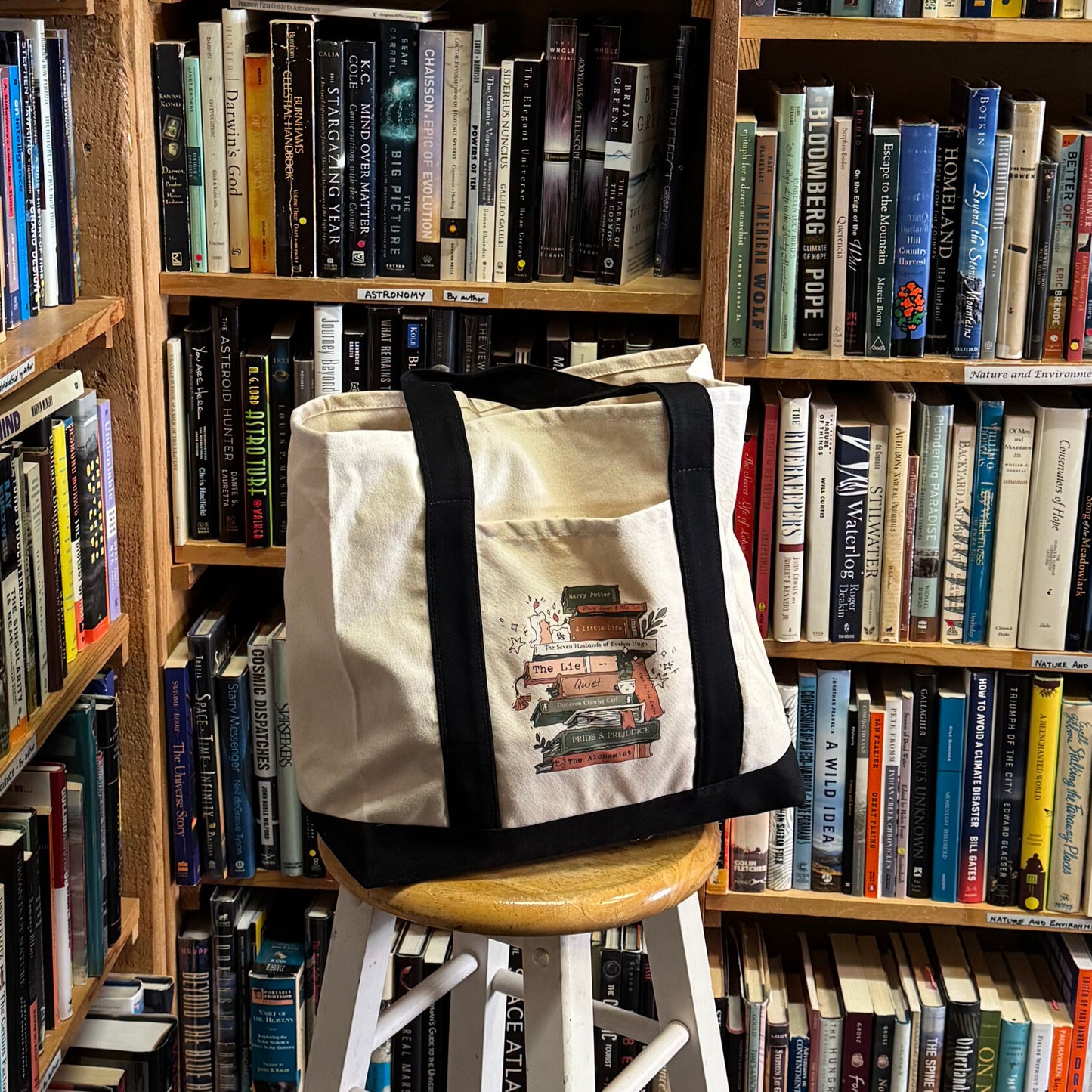 Tote bag with book design on a stool in front of bookshelves
