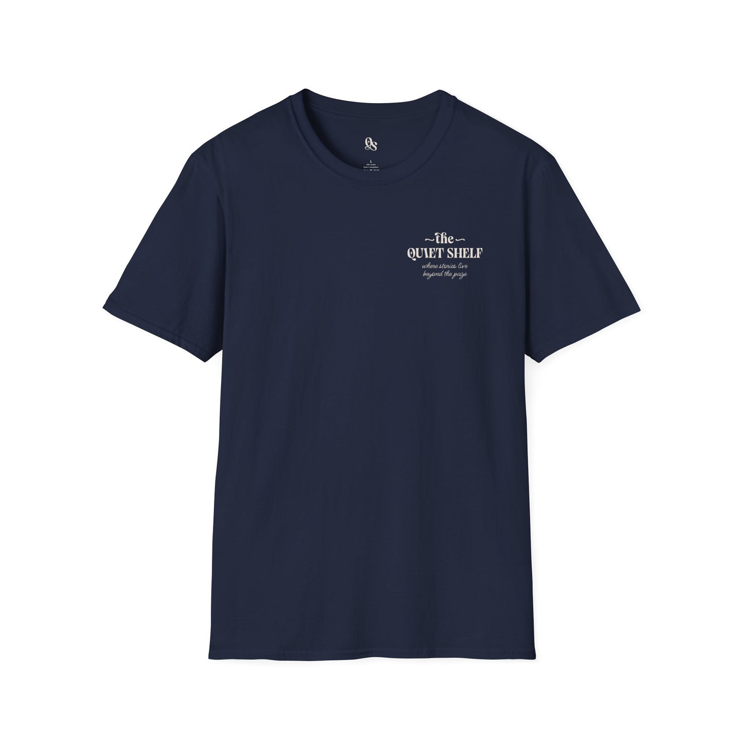 A navy blue t-shirt with 'The Quiet Shelf' logo printed on the front.