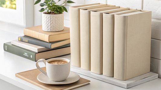Cozy reading setup with neutral books, coffee mug, and plant on a white desk—perfect for book lovers and quiet mornings