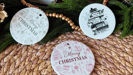 Cozy ceramic Christmas ornaments for book lovers from The Quiet Shelf holiday collection