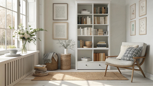 Light and airy reading nook with bookshelf, floral accents, and a soft wood armchair in a neutral space