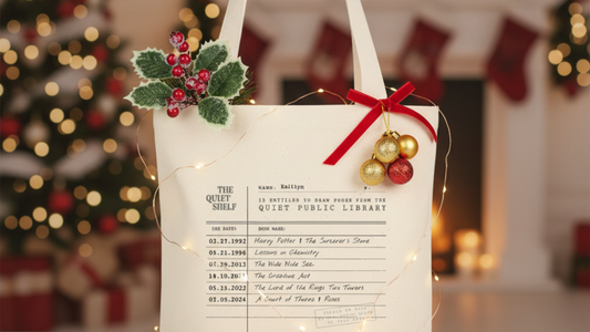 The Quiet Shelf personalized library card tote bag styled for Christmas with festive decor