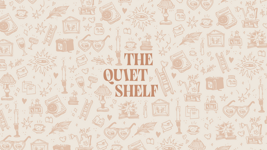 A minimalist book-themed pattern featuring The Quiet Shelf logo—a cozy brand for readers and book lovers