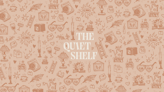 A minimalist book-themed pattern featuring The Quiet Shelf logo—a cozy brand for readers and book lovers
