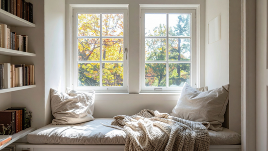 Bright autumn window seat styled with pillows, knit blanket, and bookshelves for a cozy reading nook