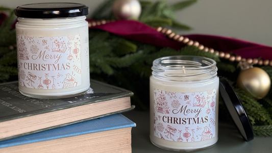 Cozy holiday candles for book lovers by The Quiet Shelf with Christmas patterns