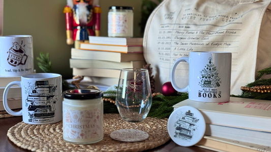 Book lover Christmas gifts including mugs, candle, and tote bag by The Quiet Shelf