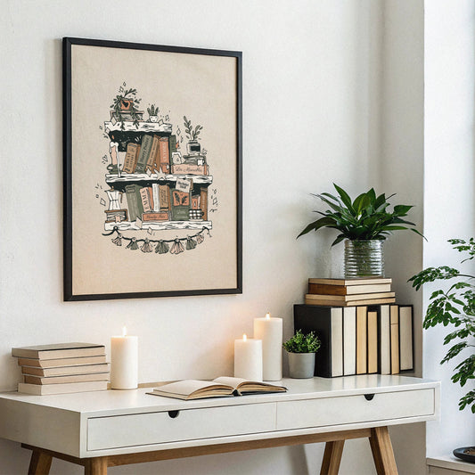 Framed personalized bookshelf canvas print with illustrated book spines hanging above a minimalist white desk, styled with candles, plants, and stacked books.