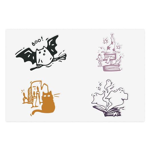 Set of Halloween-themed illustrations including a bat, cat, ghost, and witch on a white background.