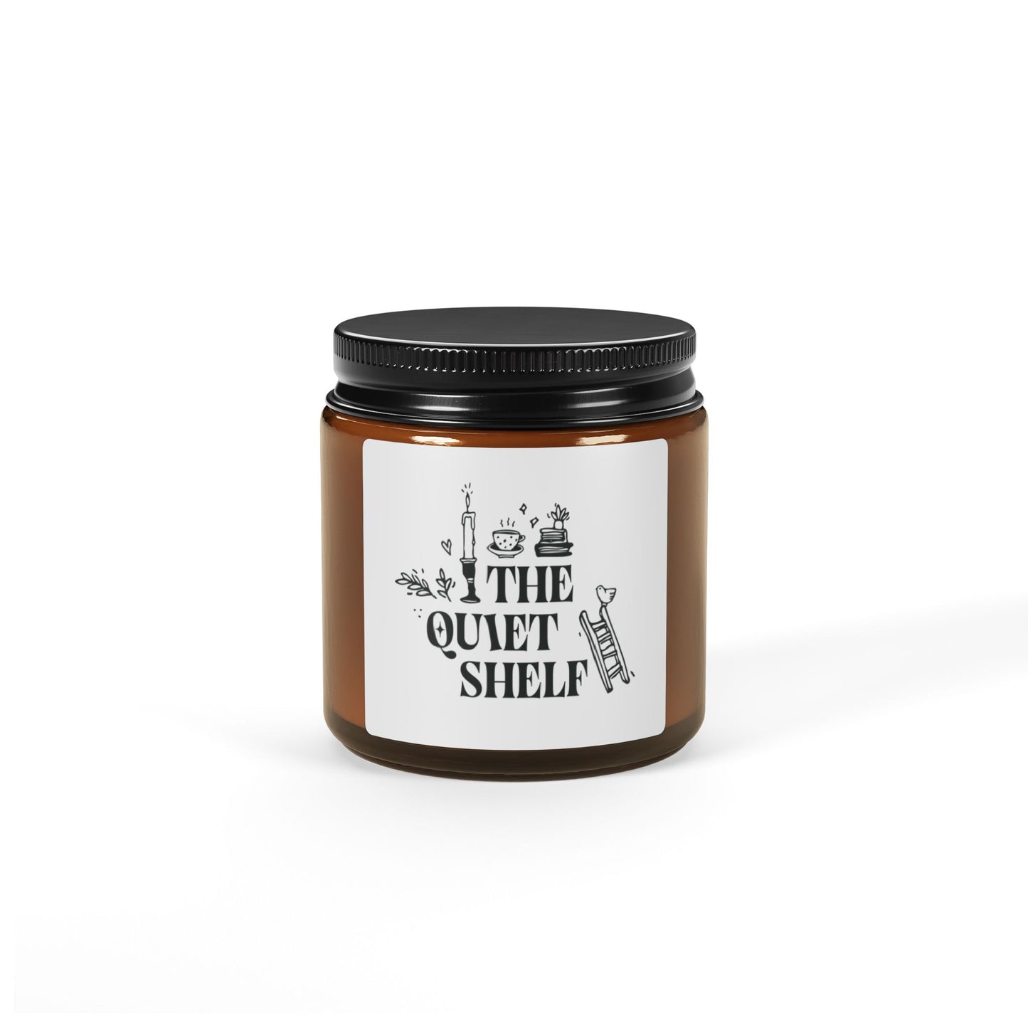 Jar with a black lid and 'The Quiet Shelf' label on a white background