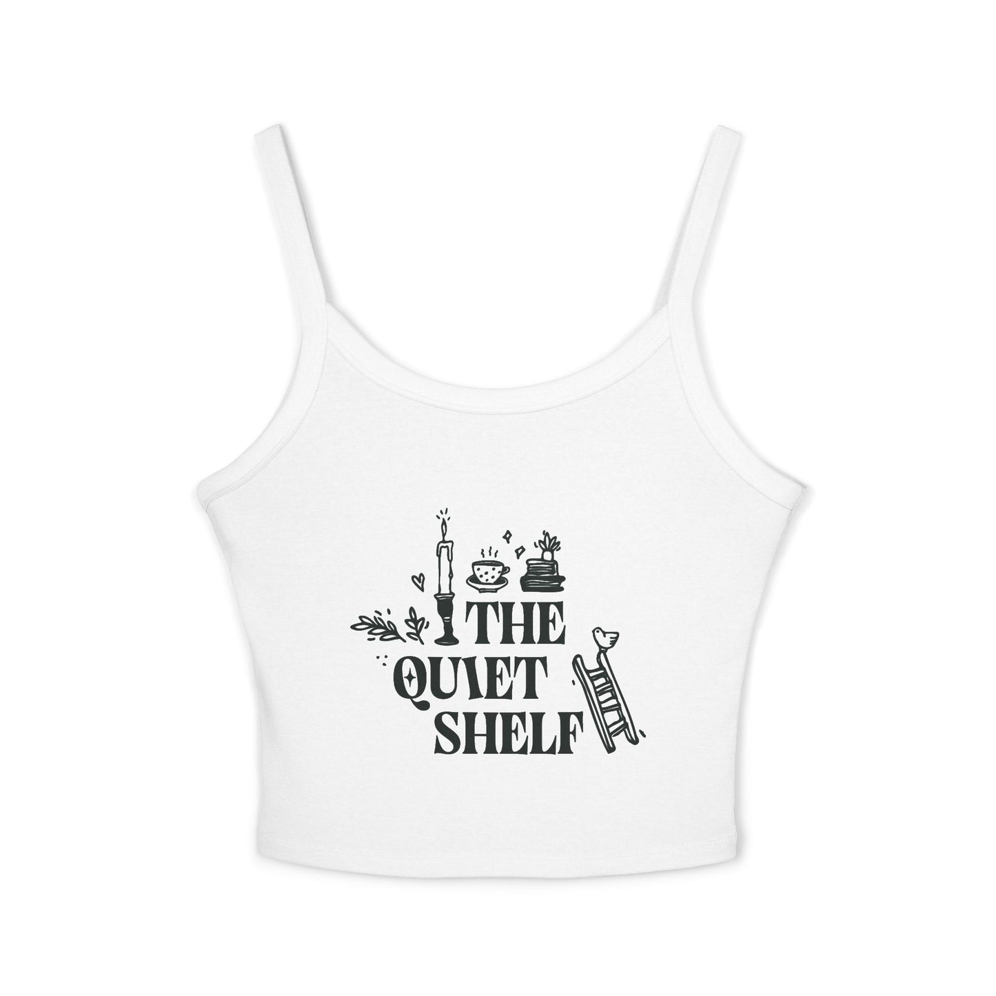 White spaghetti strap tank top with 'The Quiet Shelf' text and graphics printed in the center.