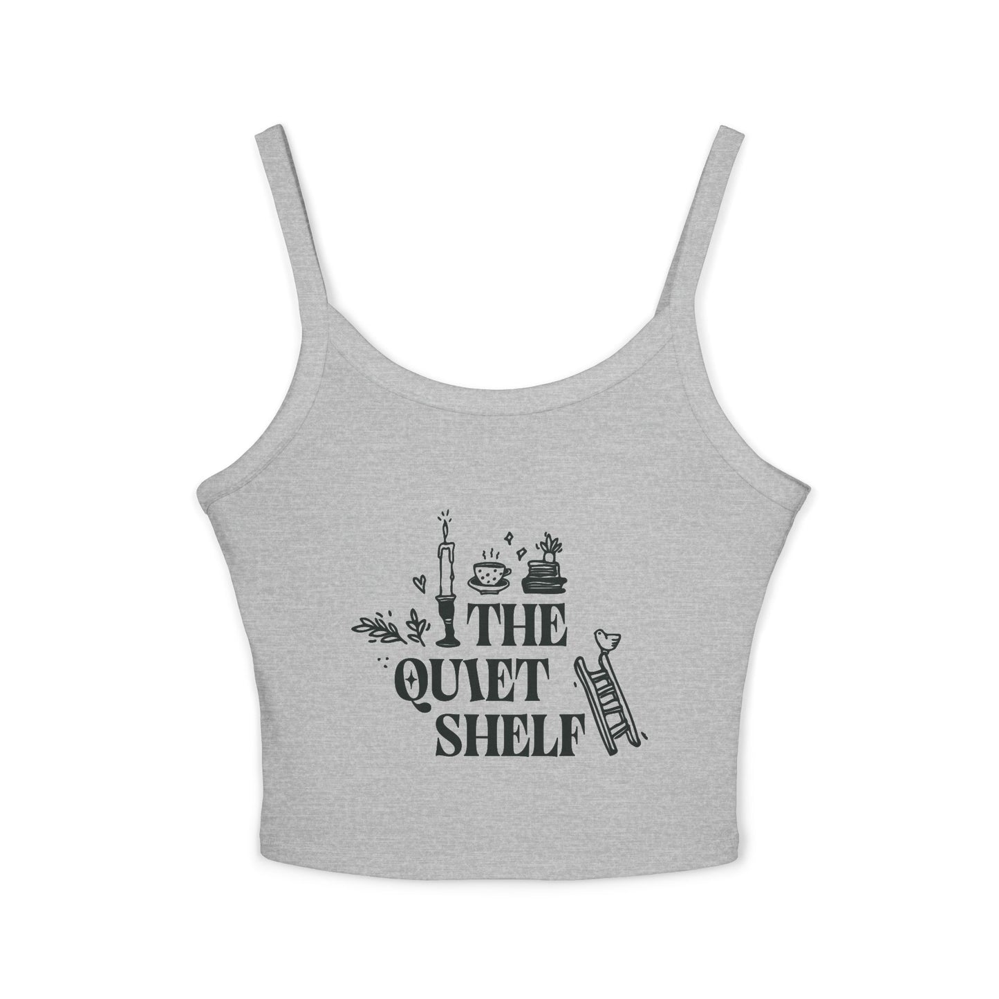 Gray spaghetti strap tank top with 'The Quiet Shelf' text and graphics printed in the center.