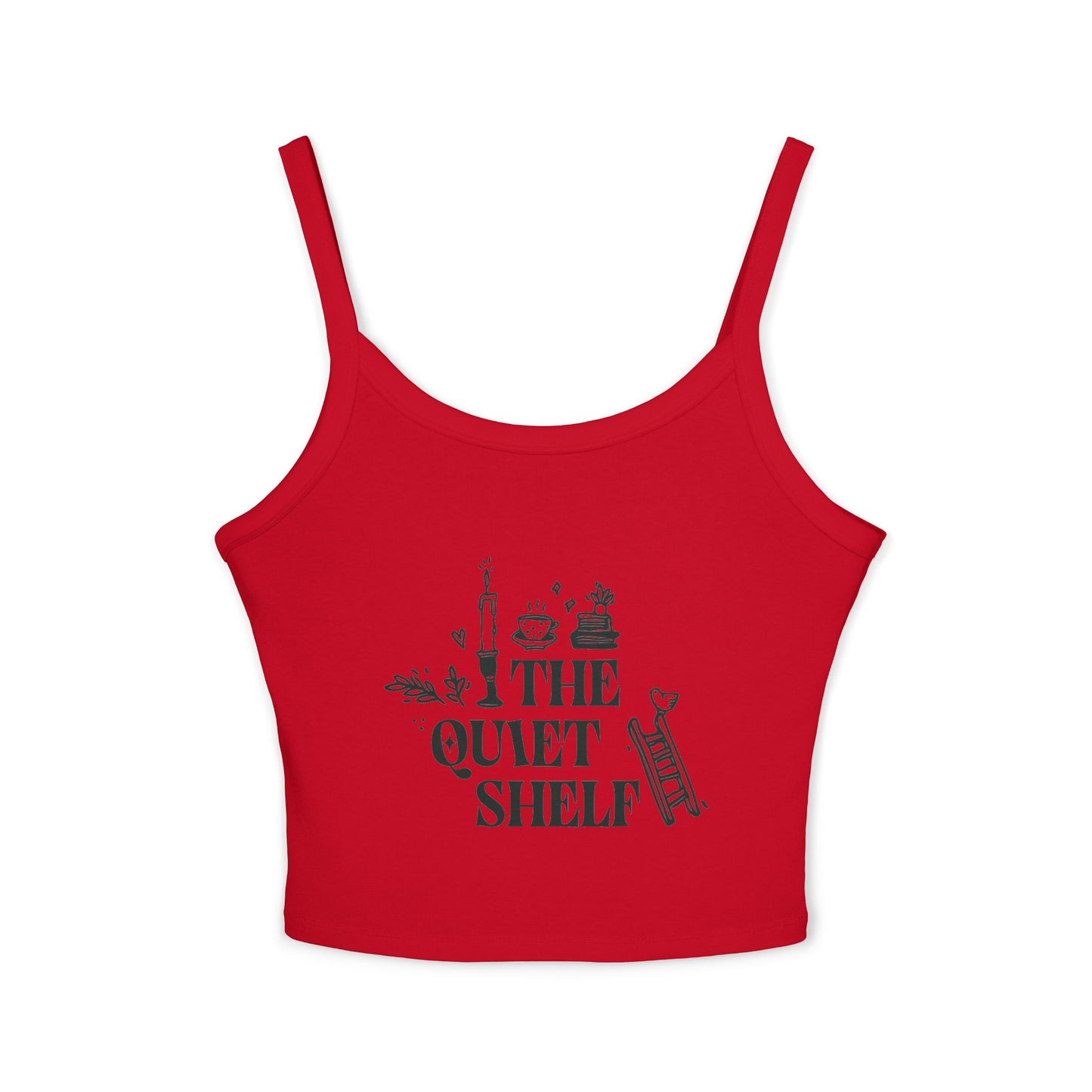 Red spaghetti strap tank top with 'The Quiet Shelf' text and graphics printed in the center.