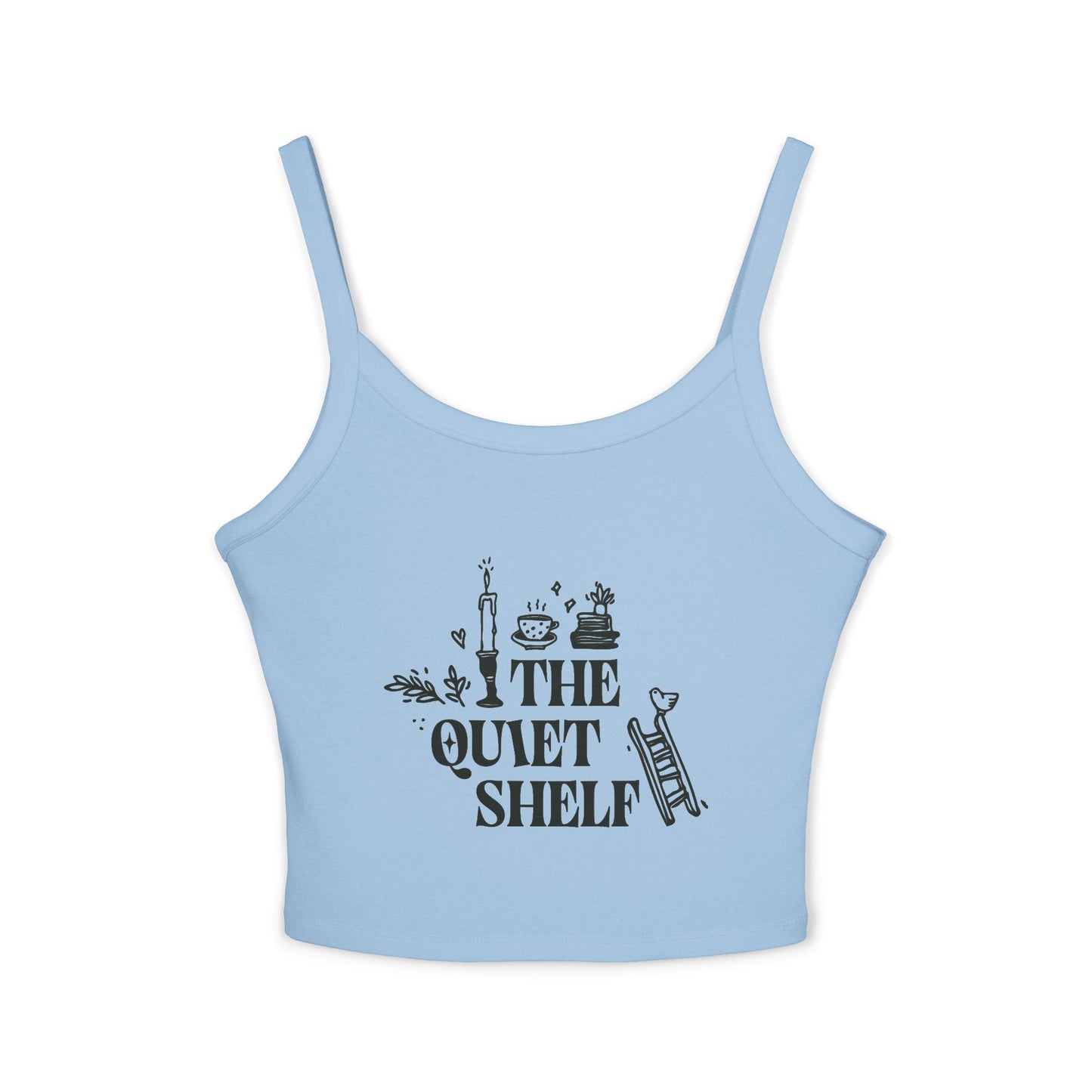 Blue spaghetti strap tank top with 'The Quiet Shelf' text and graphics printed in the center.