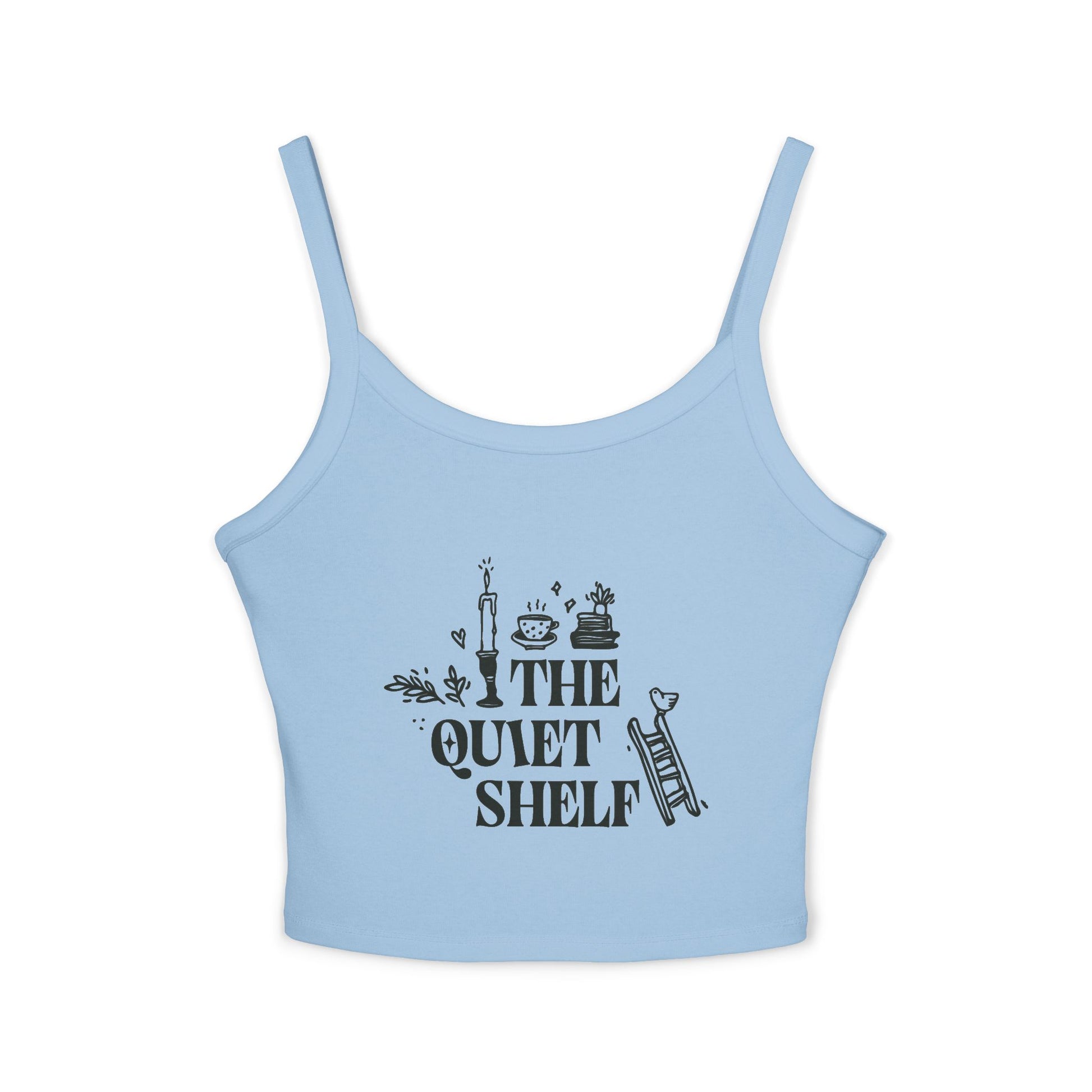 Blue spaghetti strap tank top with 'The Quiet Shelf' text and graphics printed in the center.