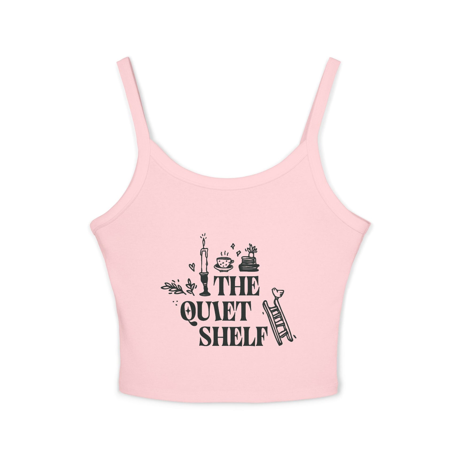 Pink spaghetti strap tank top with 'The Quiet Shelf' text and graphics printed in the center.