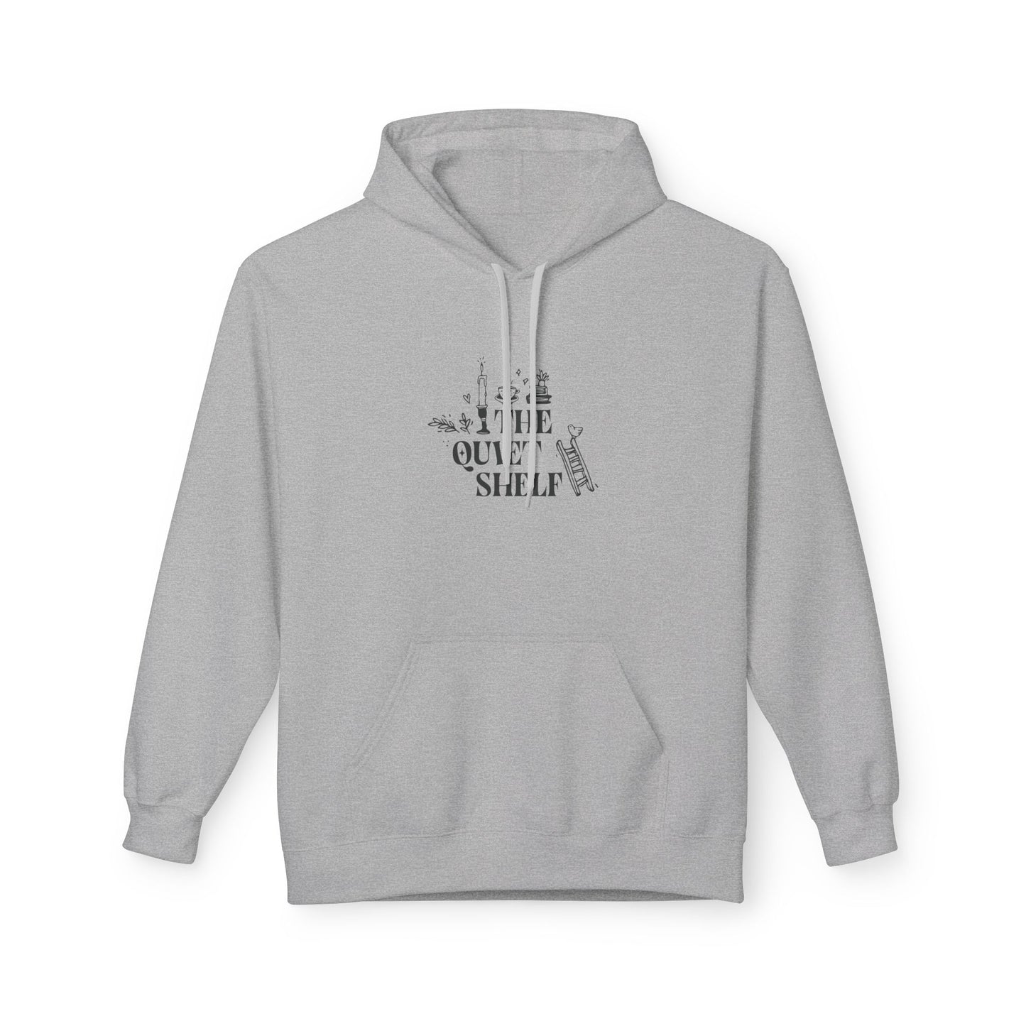 A gray hoodie with 'The Quiet Shelf' bookstack logo printed in black on the front.