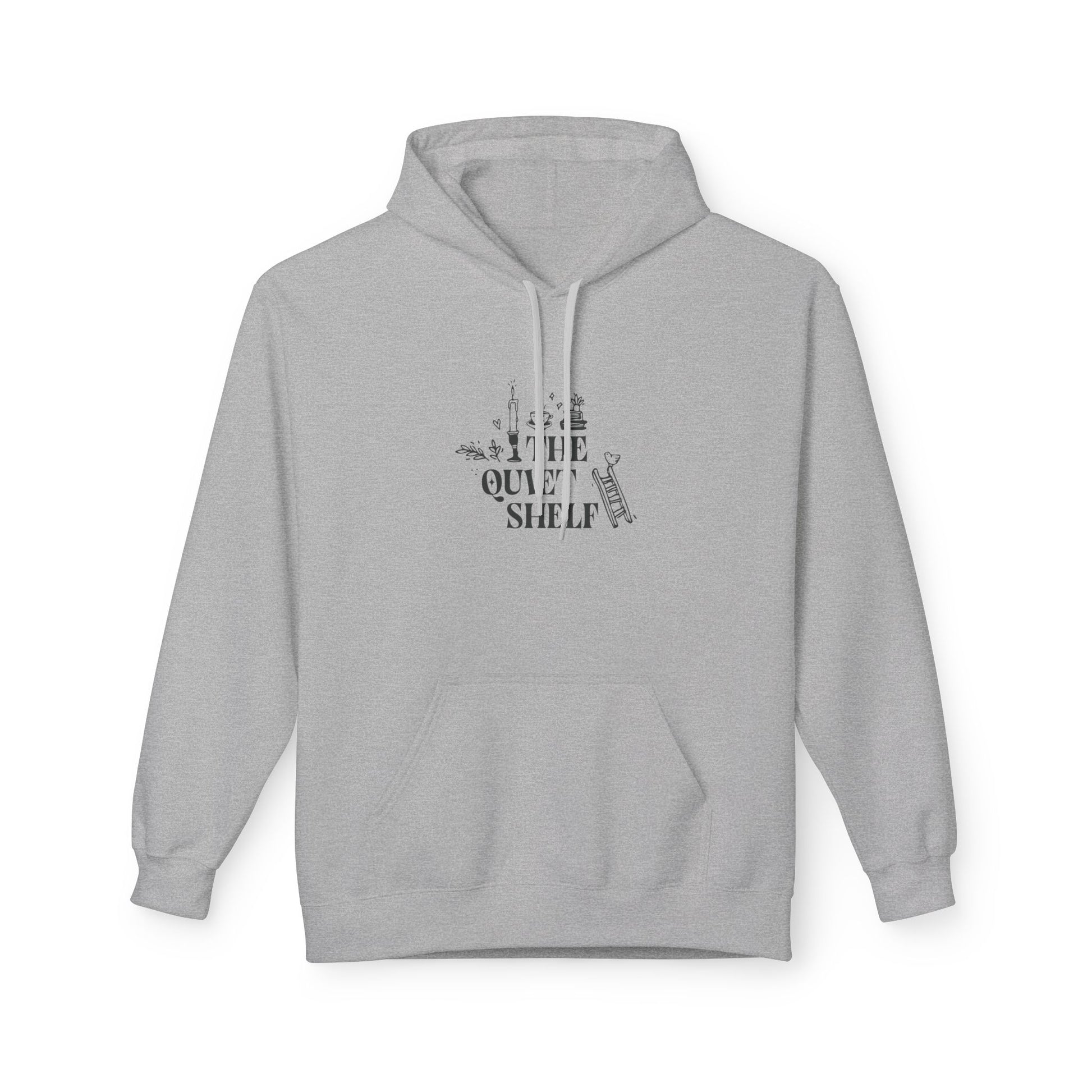 A gray hoodie with 'The Quiet Shelf' bookstack logo printed in black on the front.
