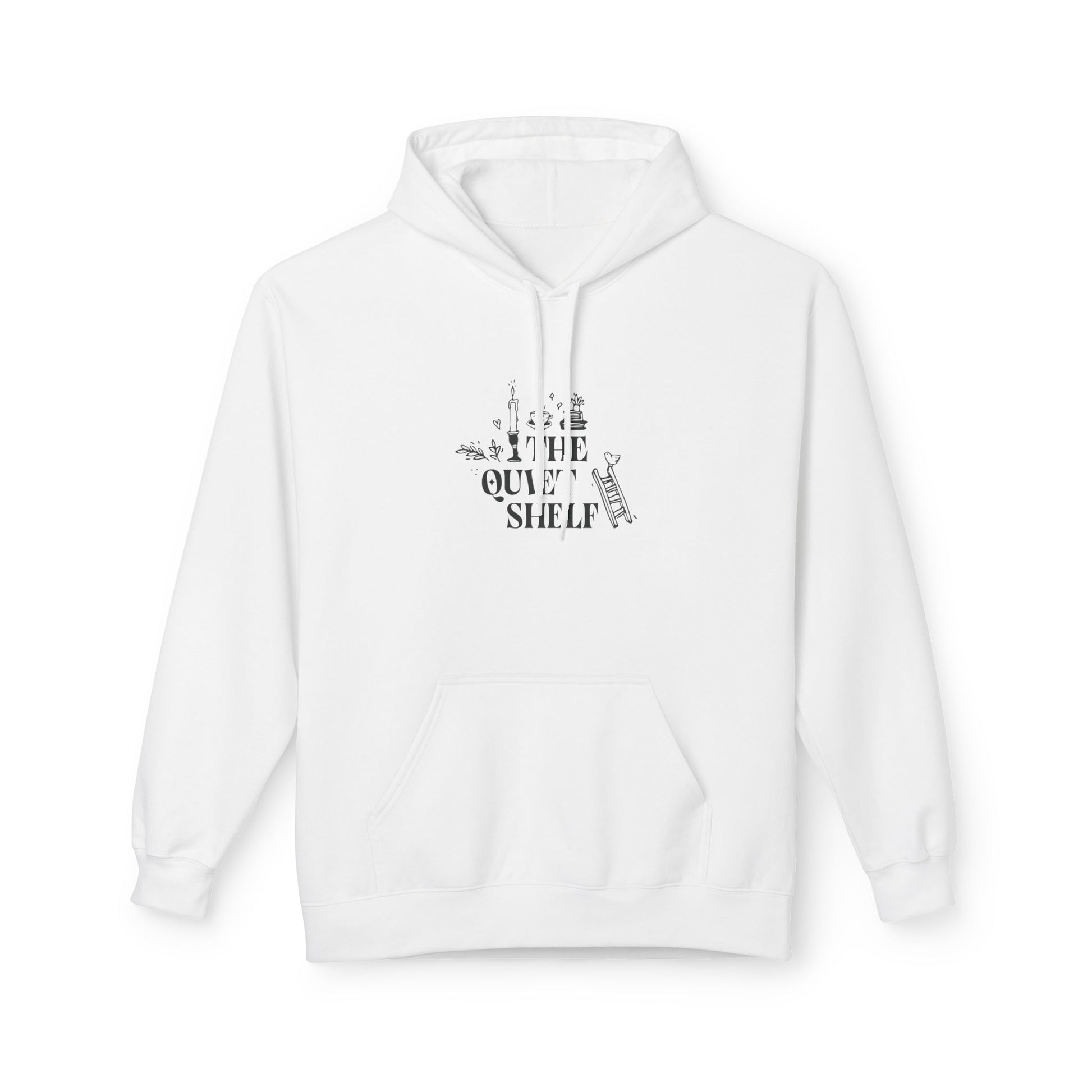 A white hoodie with 'The Quiet Shelf' bookstack logo printed in black on the front.