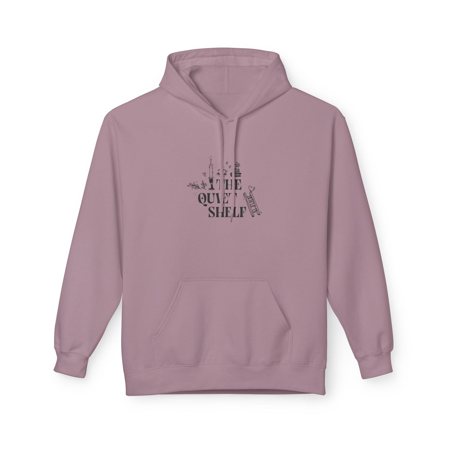 A pink hoodie with 'The Quiet Shelf' bookstack logo printed in black on the front.