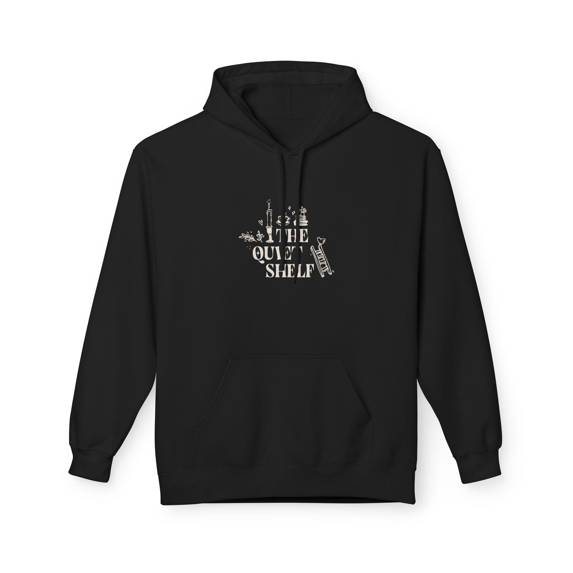 A black hoodie with 'The Quiet Shelf' bookstack logo printed in black on the front.