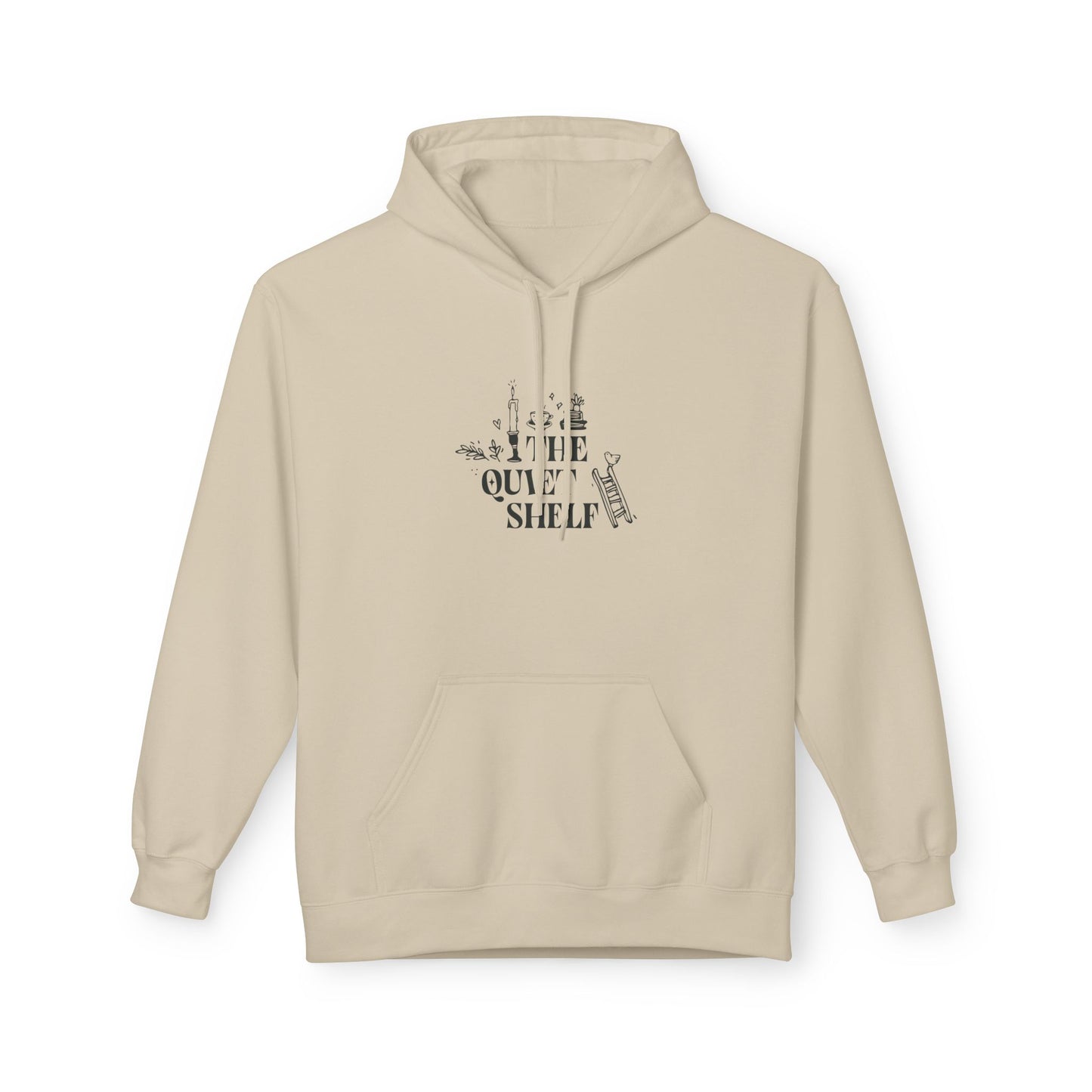 A beige hoodie with 'The Quiet Shelf' bookstack logo printed in black on the front.