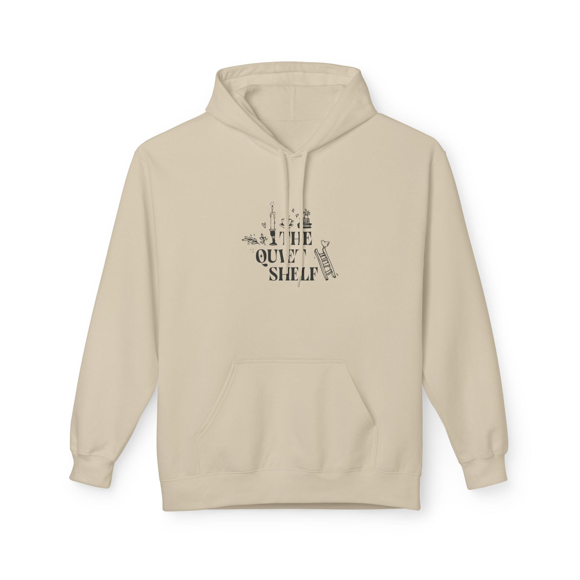 A beige hoodie with 'The Quiet Shelf' bookstack logo printed in black on the front.