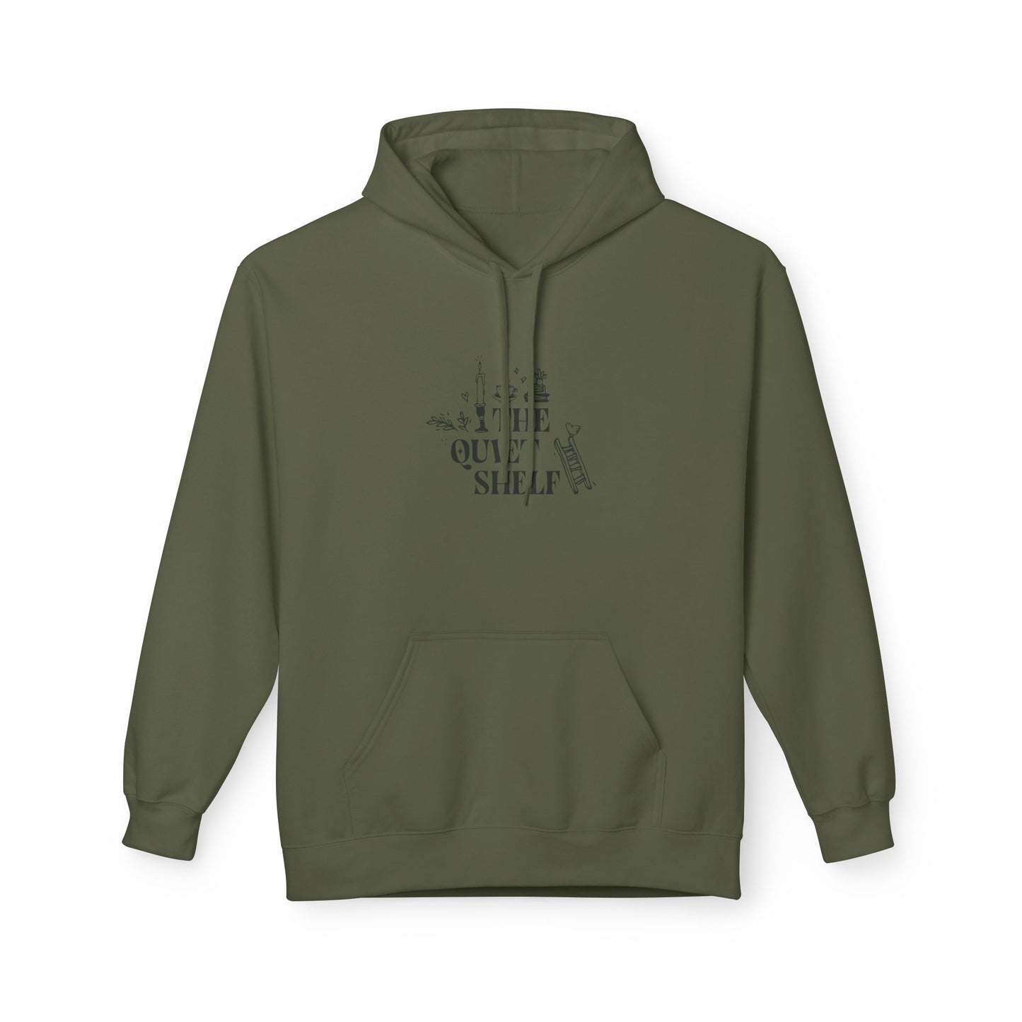 A green hoodie with 'The Quiet Shelf' bookstack logo printed in black on the front.