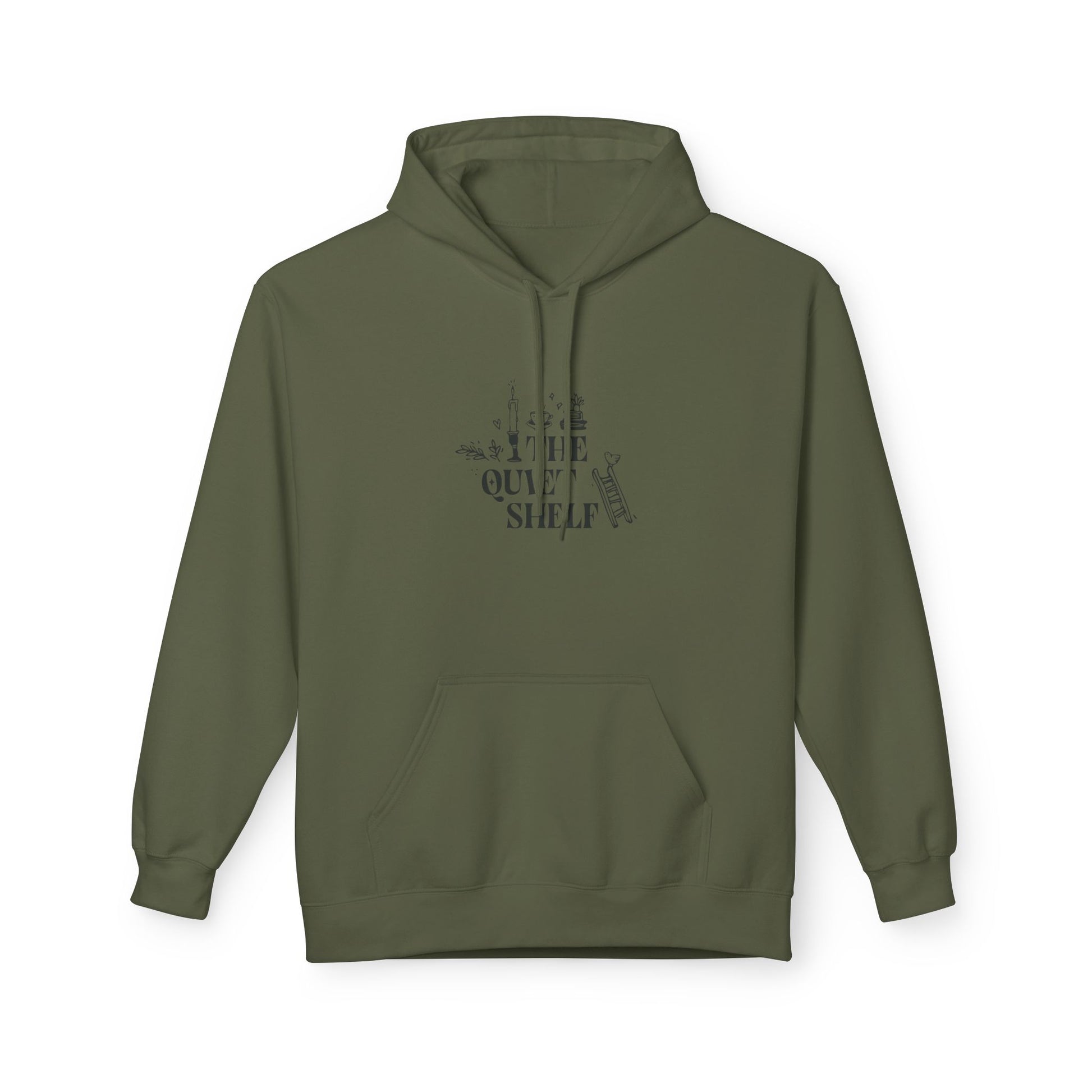 A green hoodie with 'The Quiet Shelf' bookstack logo printed in black on the front.