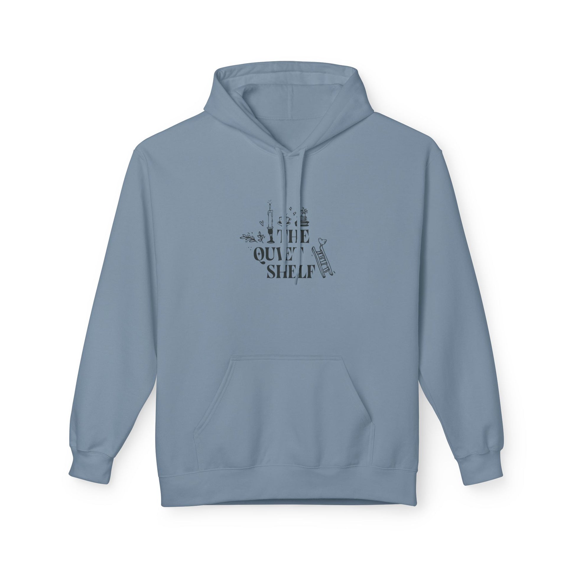 A blue hoodie with 'The Quiet Shelf' bookstack logo printed in black on the front.