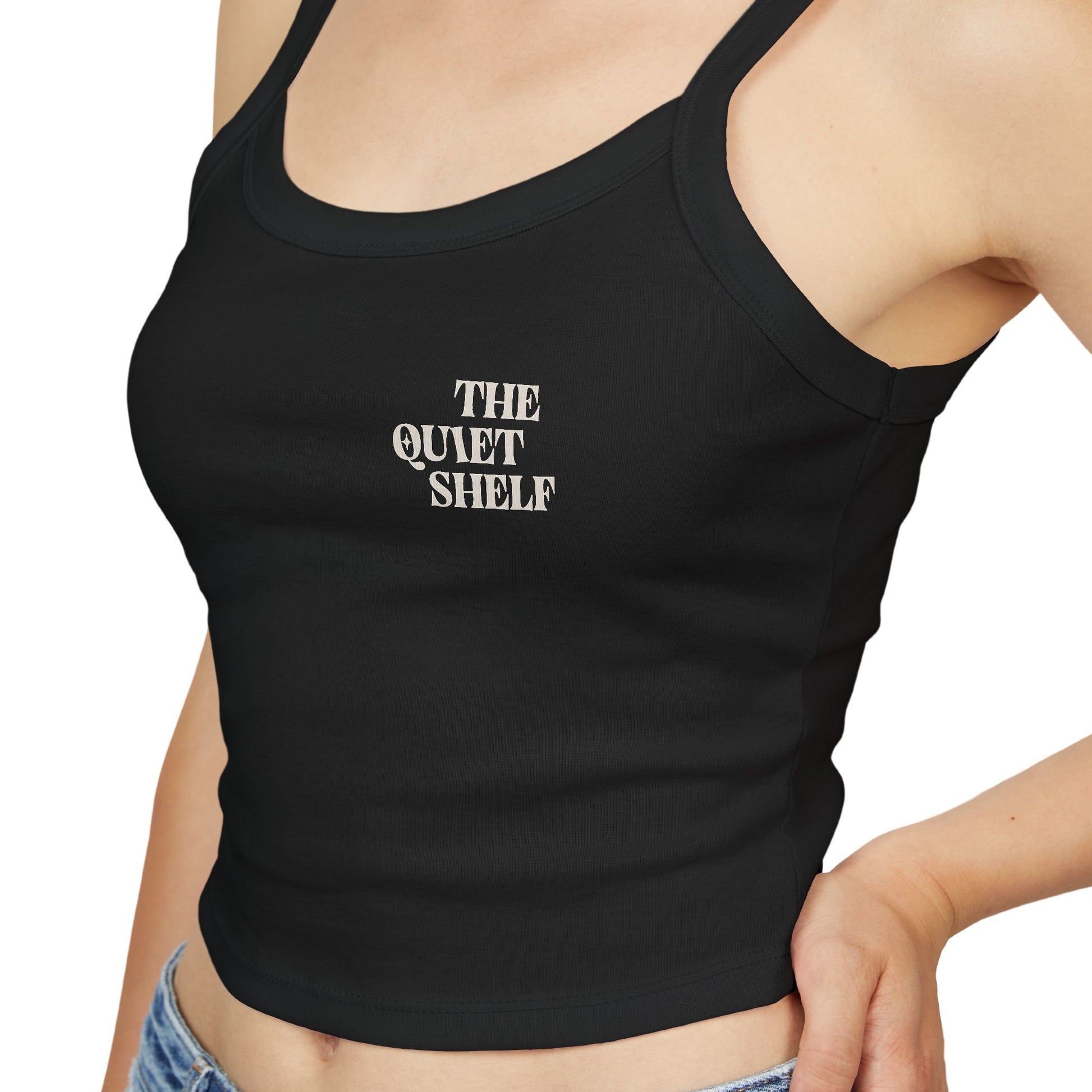 Black tank top with 'THE QUIET SHELF' text on a white background
