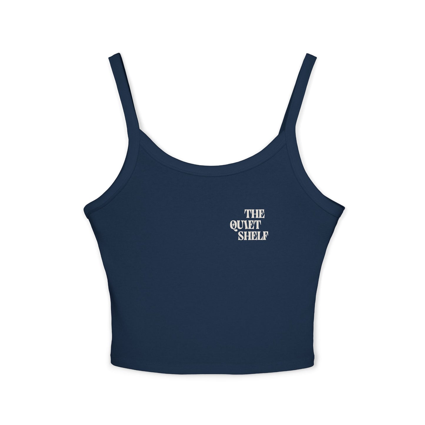 A navy blue spaghetti strap crop tank top with 'THE QUIET SHELF' text on the chest area.