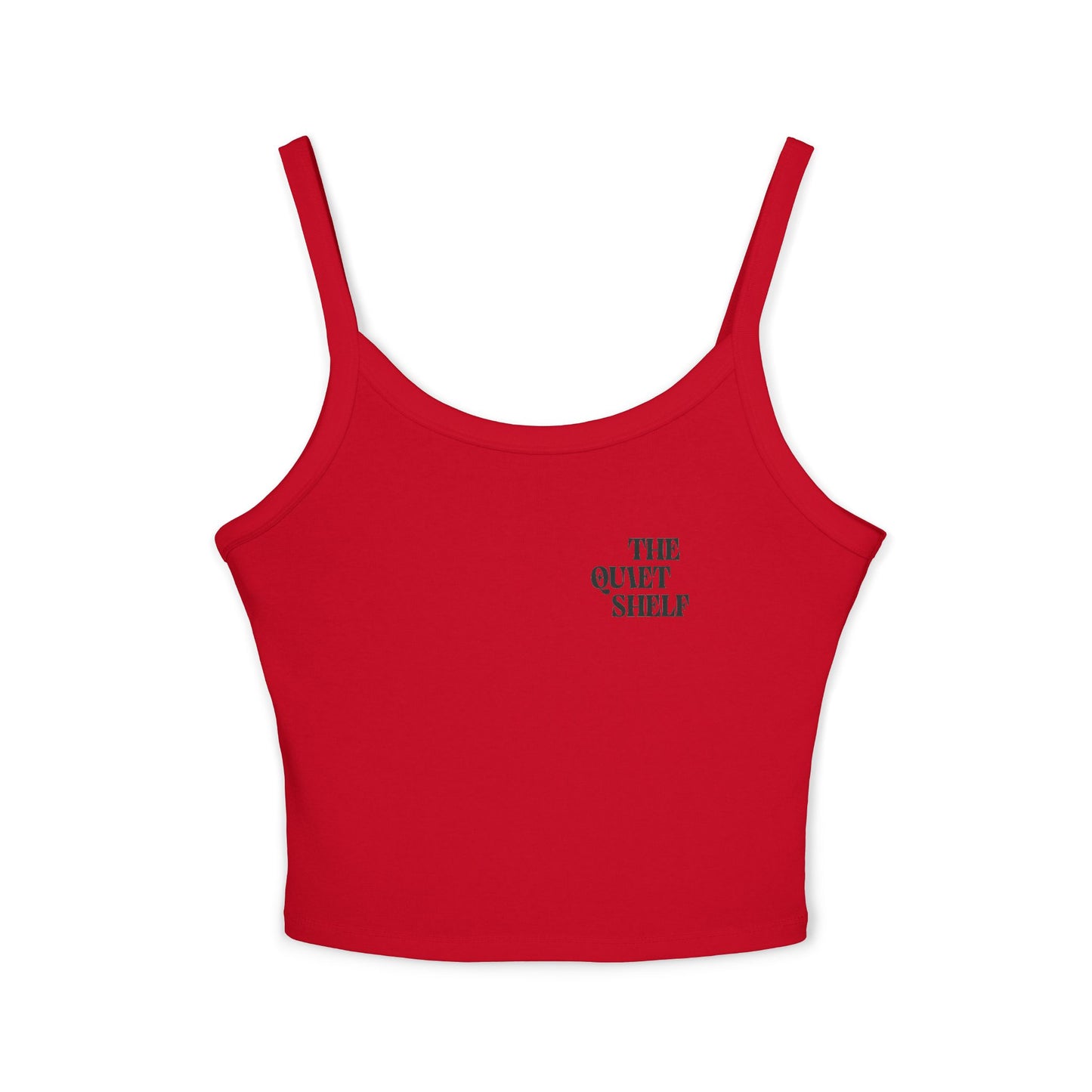 A red spaghetti strap crop tank top with 'THE QUIET SHELF' text on the chest area.