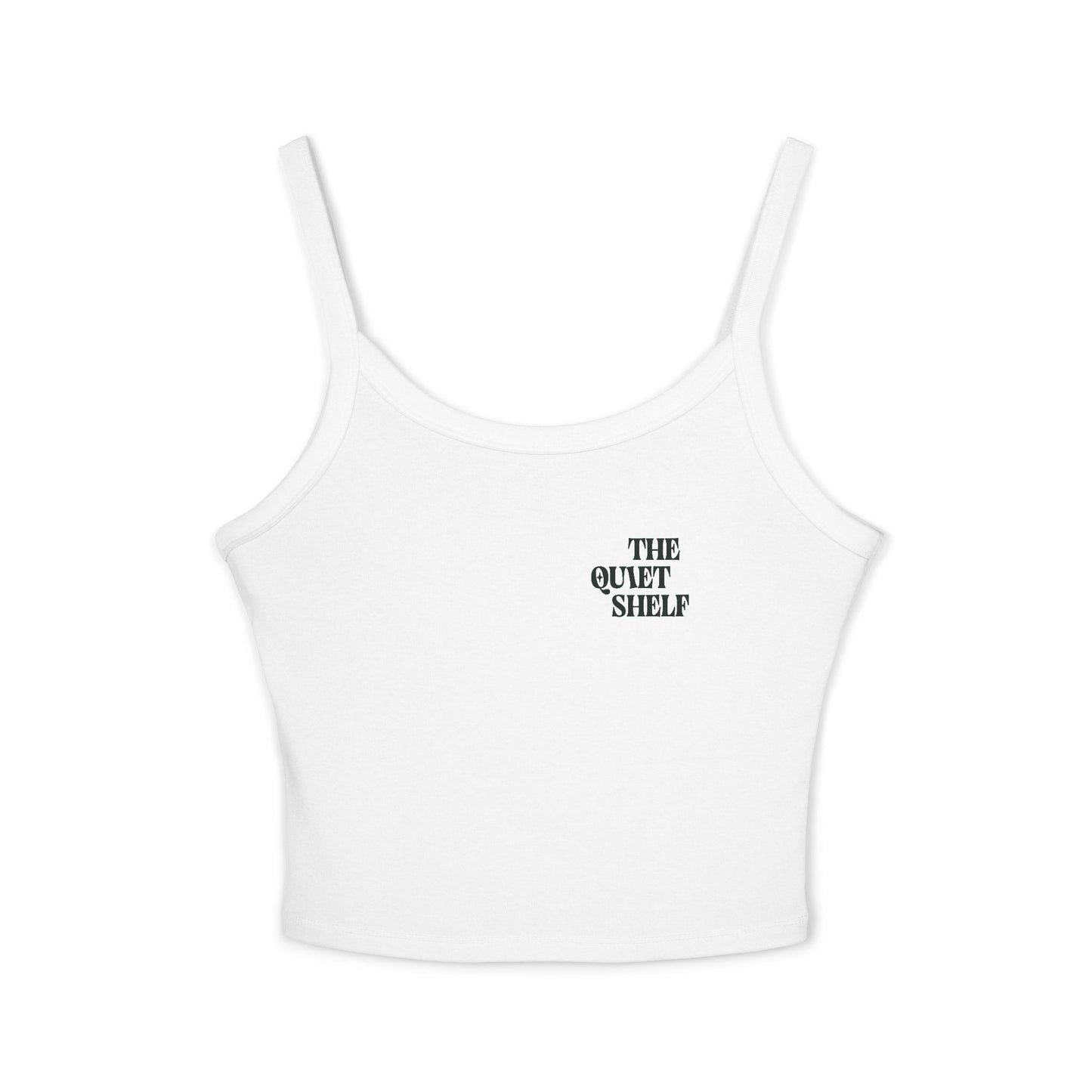 A white spaghetti strap crop tank top with 'THE QUIET SHELF' text on the chest area.