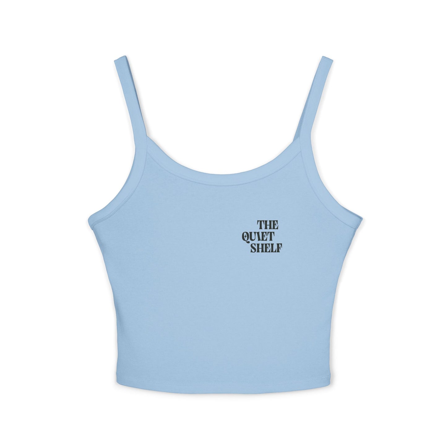 A blue spaghetti strap crop tank top with 'THE QUIET SHELF' text on the chest area.